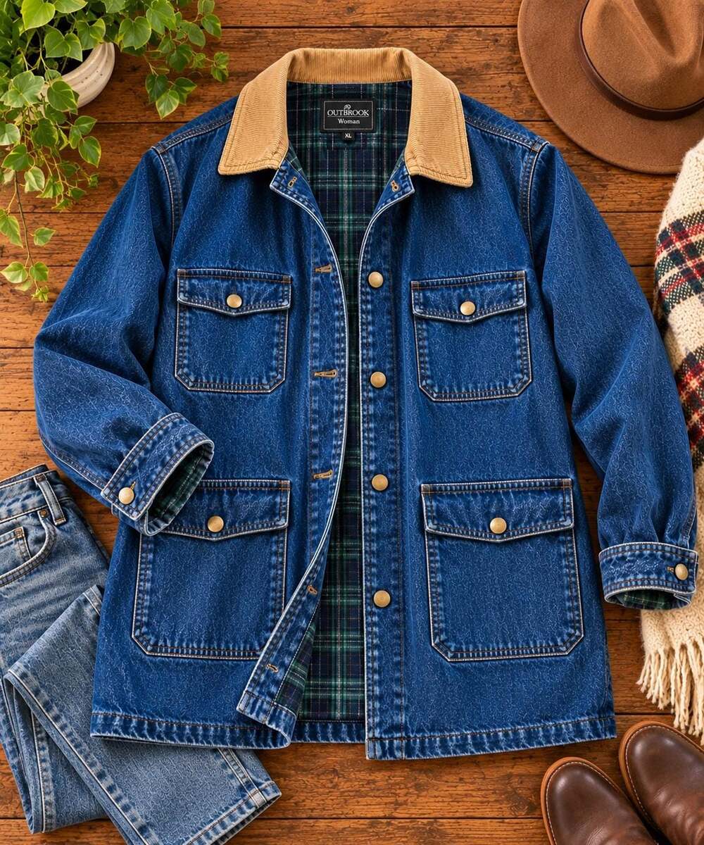 Vintage 90s Outbrook Denim Barn Coat: Corduroy Collar, Plaid Lining (XL)